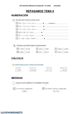 Matemáticas unidad 8 inglés 6º Primaria