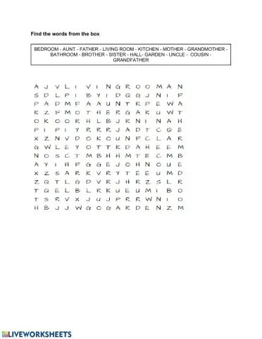 wordsearch family and parts of the house