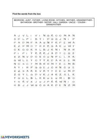 wordsearch family and parts of the house