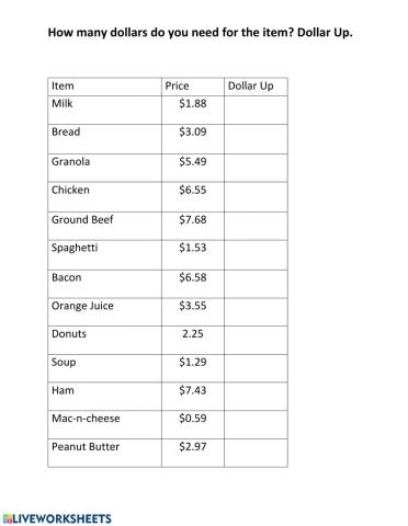 Dollar Up Grocery List