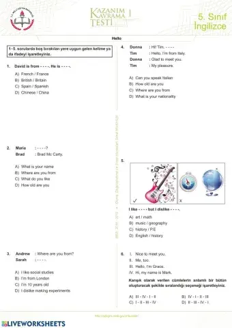 İngilizce 5. Sınıf Kazanım Testleri