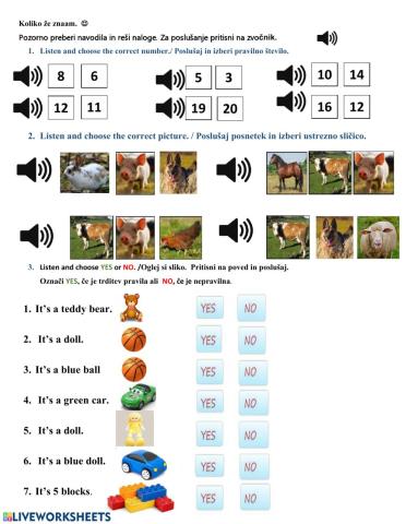 Exercise: Toys, Farm animals, Numbers to 20