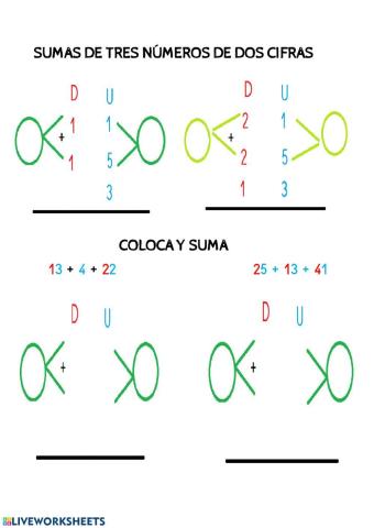 Sumas de tres números de dos cifras sin llevadas
