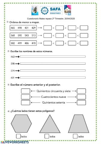 2º Trimestre. 2º Primaria. Numeración Básica, Problemas, Sumas-Restas con llevada