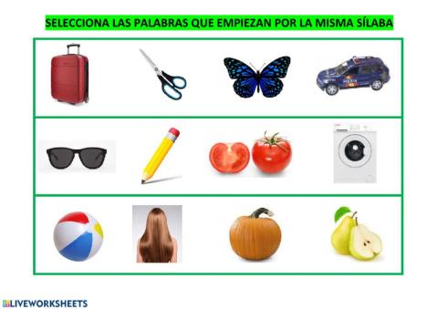 Selecciona las palabras que empiezan por la misma sílaba