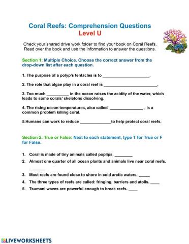 Coral Reef Comprehension Questions U level