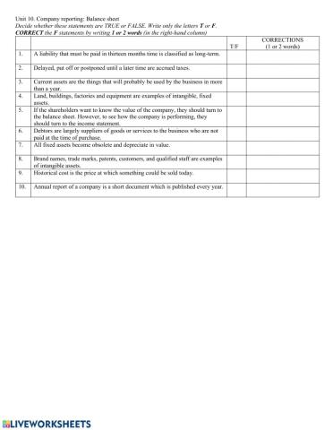 Revision of a balance sheet T-F statements
