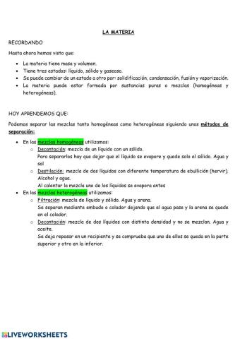 La materia: separación de mezclas