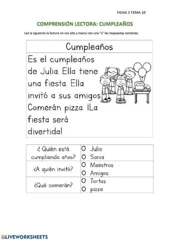 Compresión Lectora: Cumpleaños