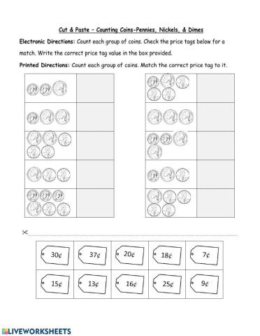 Cut and Paste - Counting Coins-Pennies, Nickels, and Dimes