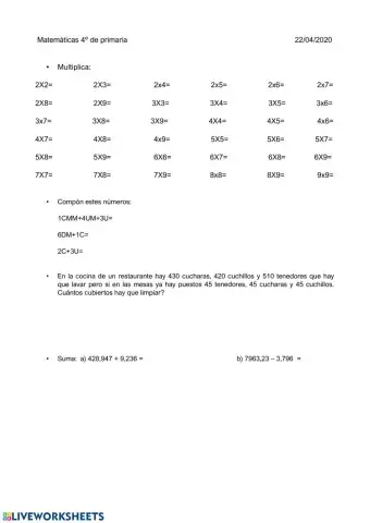 Repaso matemática 4º primaria