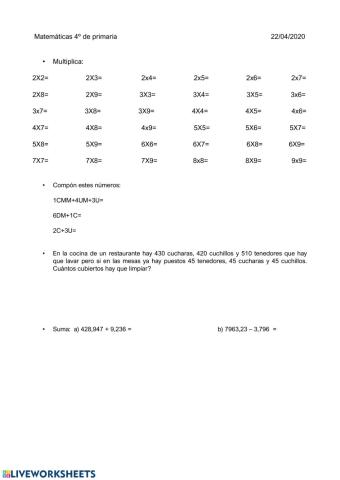 Repaso matemática 4º primaria
