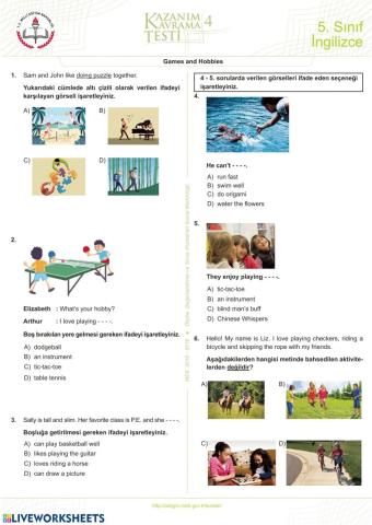 5. Sınıf Games and Hobbies Ünite 3 Kazanım Testi