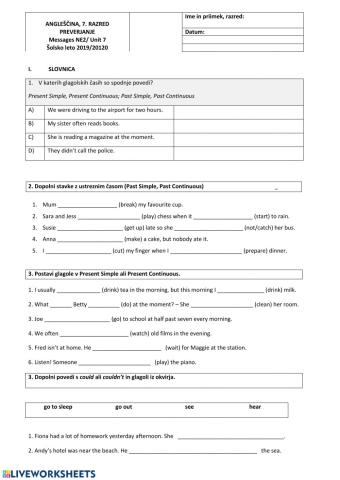 Preverjanje 7. razred Messages 2  - Unit 3