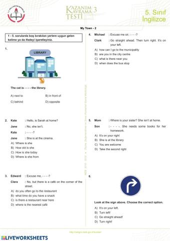 5. Sınıf My Town-2  Ünite 2 Kazanım Testi
