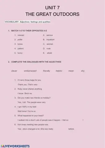 UNIT 7. THE GREAT OUTDOORS vocabulary