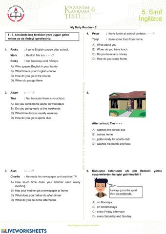 5. Sınıf Daily Routines-2  Ünite 4 Kazanım Testi