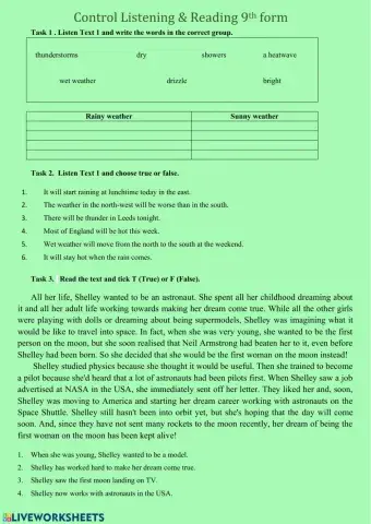 Control reading+listening 9th form