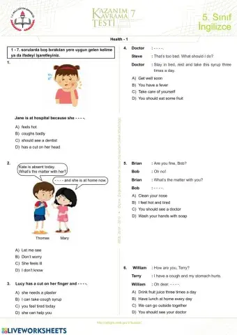 5. Sınıf Health-1 Ünite 5 Kazanım Testi