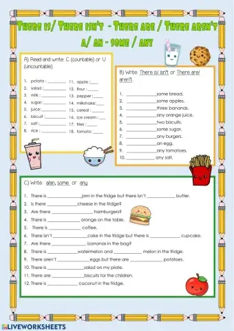 There + is-isn't-are-aren't + a-an, some, any