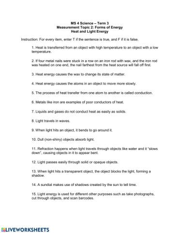 Heat and Light Energy Review
