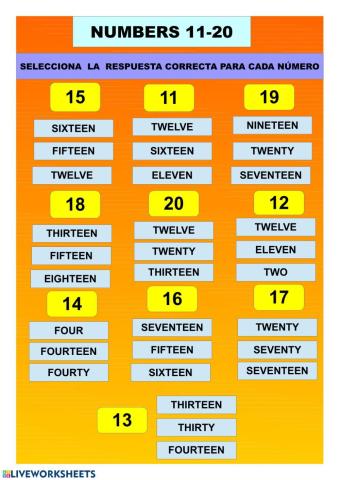 Numbers 11 to 20