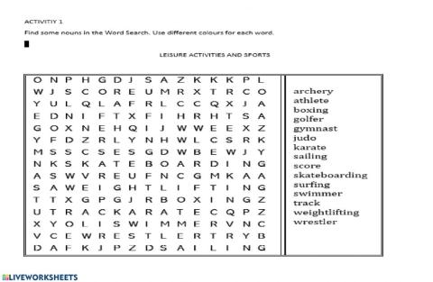 Sports wordsearch