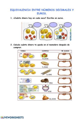Equivalencia entre decimales y euros