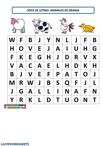 Sopa de letras animales granja