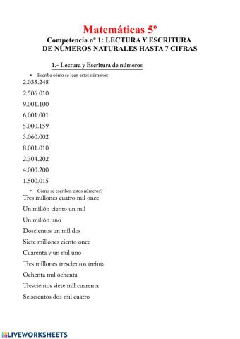 Lectura y escritura números naturales 7 cifras