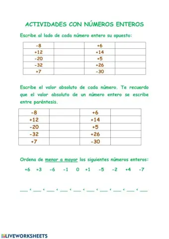 Actividades con números enteros