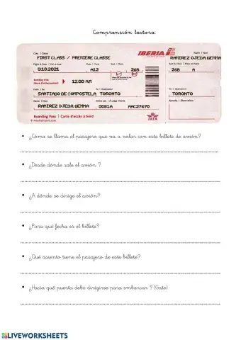 Comprensión lectora Billete Avión