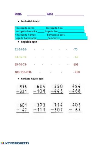 zenbakiak, segidak eta kenketak