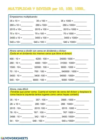 Producto y división por 10,100,1000