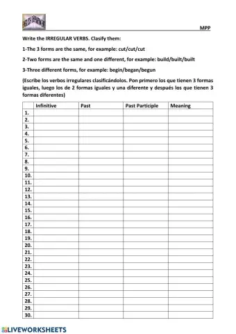 Irregular verbs (60-blank chart to copy them)