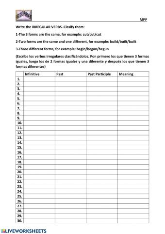 Irregular verbs (60-blank chart to copy them)