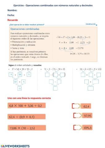 Operaciones combinadas con numeros enteros y decimales