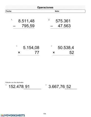 Operaciones con decimales p 154