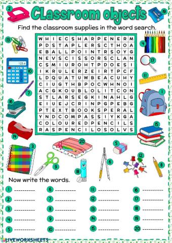 Classroom objects - word search