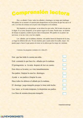 Comprensión lectora. Los sábados.