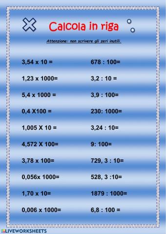 moltiplicazioni e divisioni in riga con i decimali