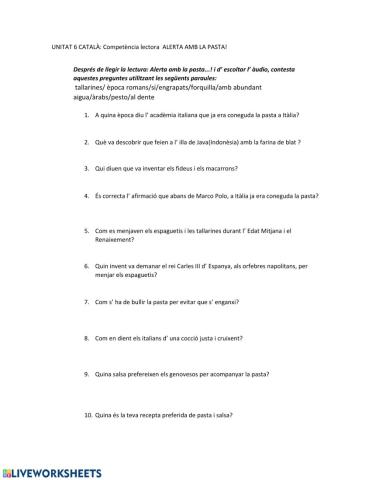 Comprensió lectora: Alerta amb la pasta...!