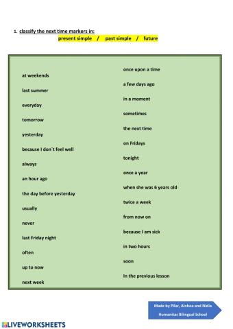 Classify time markers past, present and future