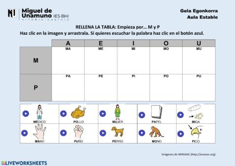 La M y la P: arrastra las imágenes a la tabla