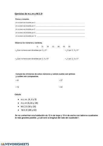 Ejercicios mínimo común múltiplo y máximo común divisor