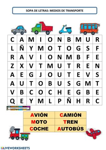 Sopa de letras medio de transportes