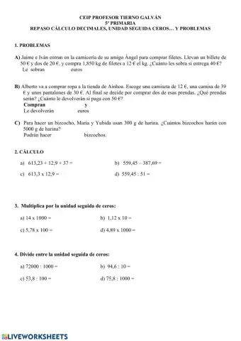 Ficha repaso cálculo  decimales y la unidad seguida de ceros, problemas