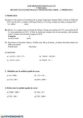 Ficha repaso cálculo  decimales y la unidad seguida de ceros, problemas