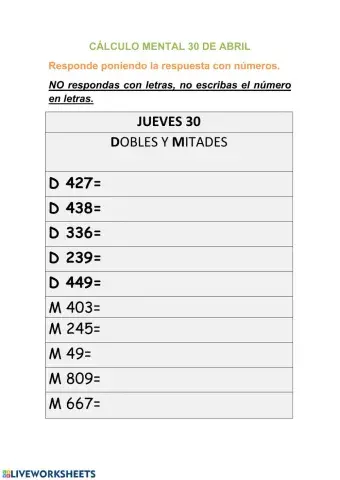 Cáculo mental 30 abril