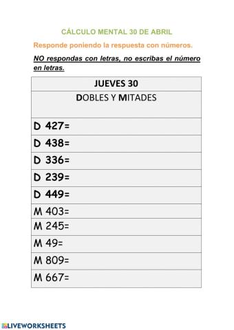Cáculo mental 30 abril
